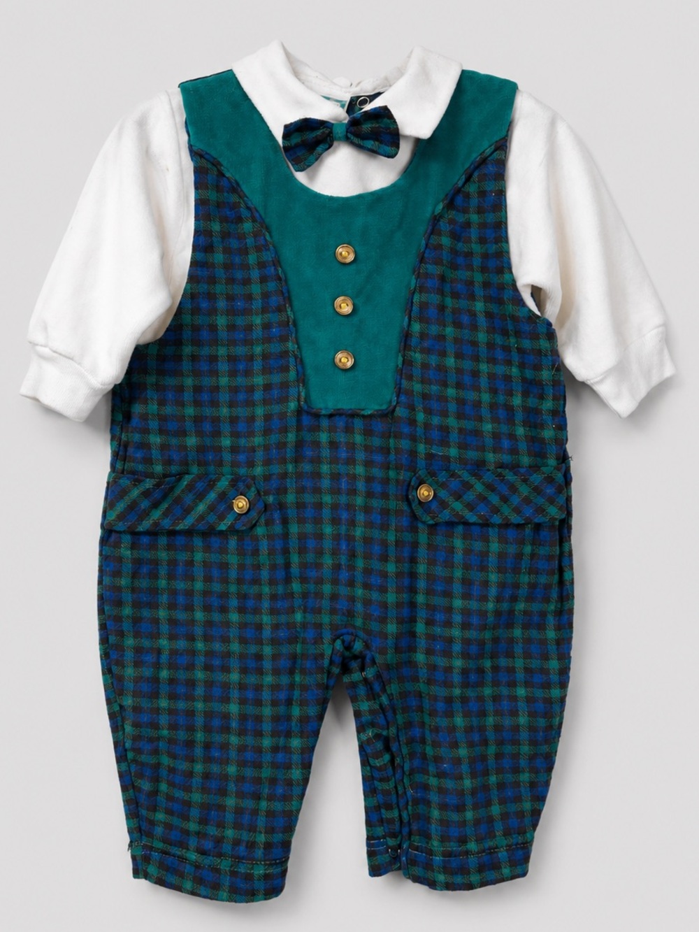 Vintage Beyond Basics Kids Plaid Romper 6-9M Bow Tie One Piece Cottagecore VTG